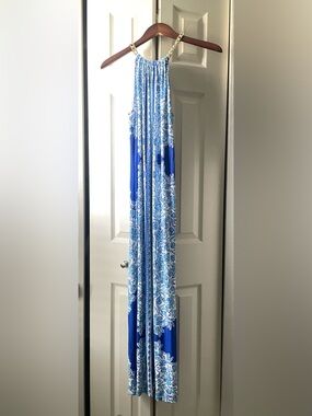 Lilly Pulitzer Blue & White Paisley Halter Maxi with Gold Chain Straps